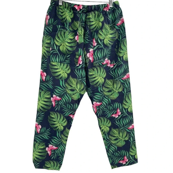 Free People Sandrine Rose Bush Pants Navy Blue Palm Trees Tie Waist Cropped Sz M - Picture 7 of 15